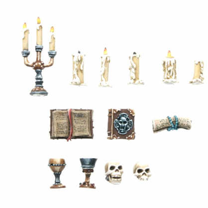 CANDLES, BOOKS, SKULLS